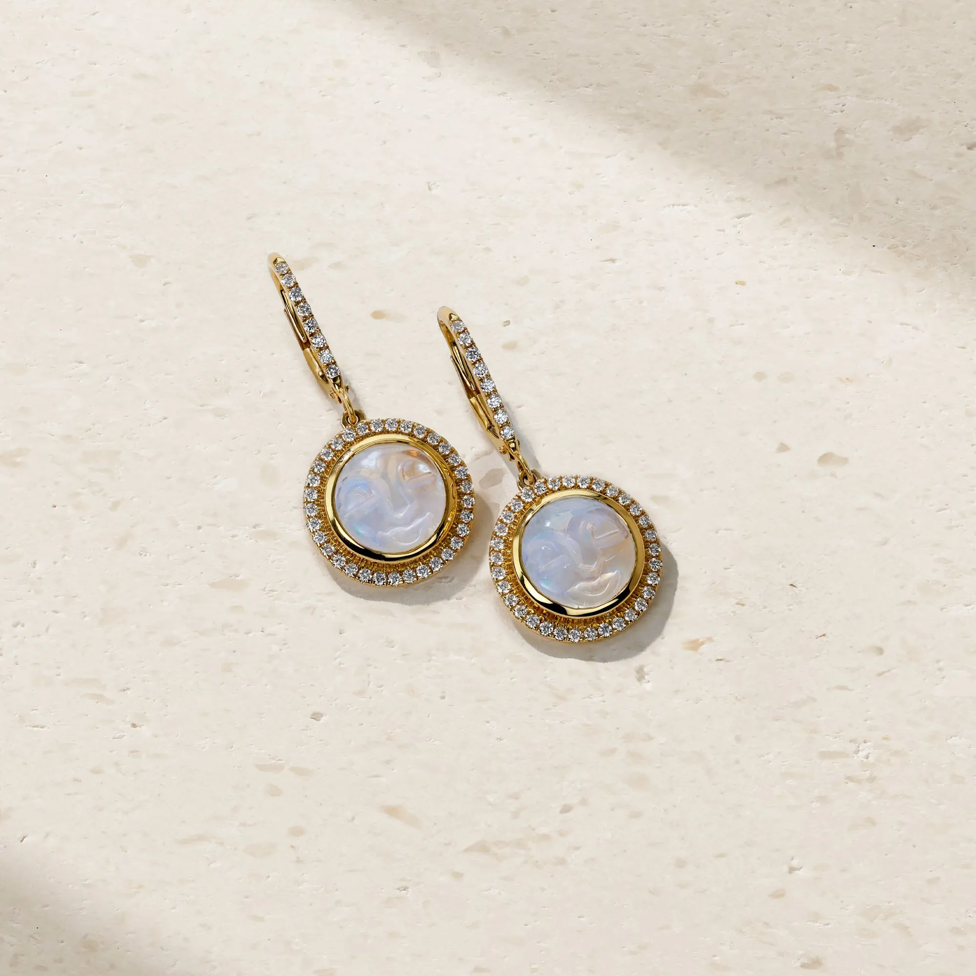 Happy Face Moonstone and Diamond Drop Earrings