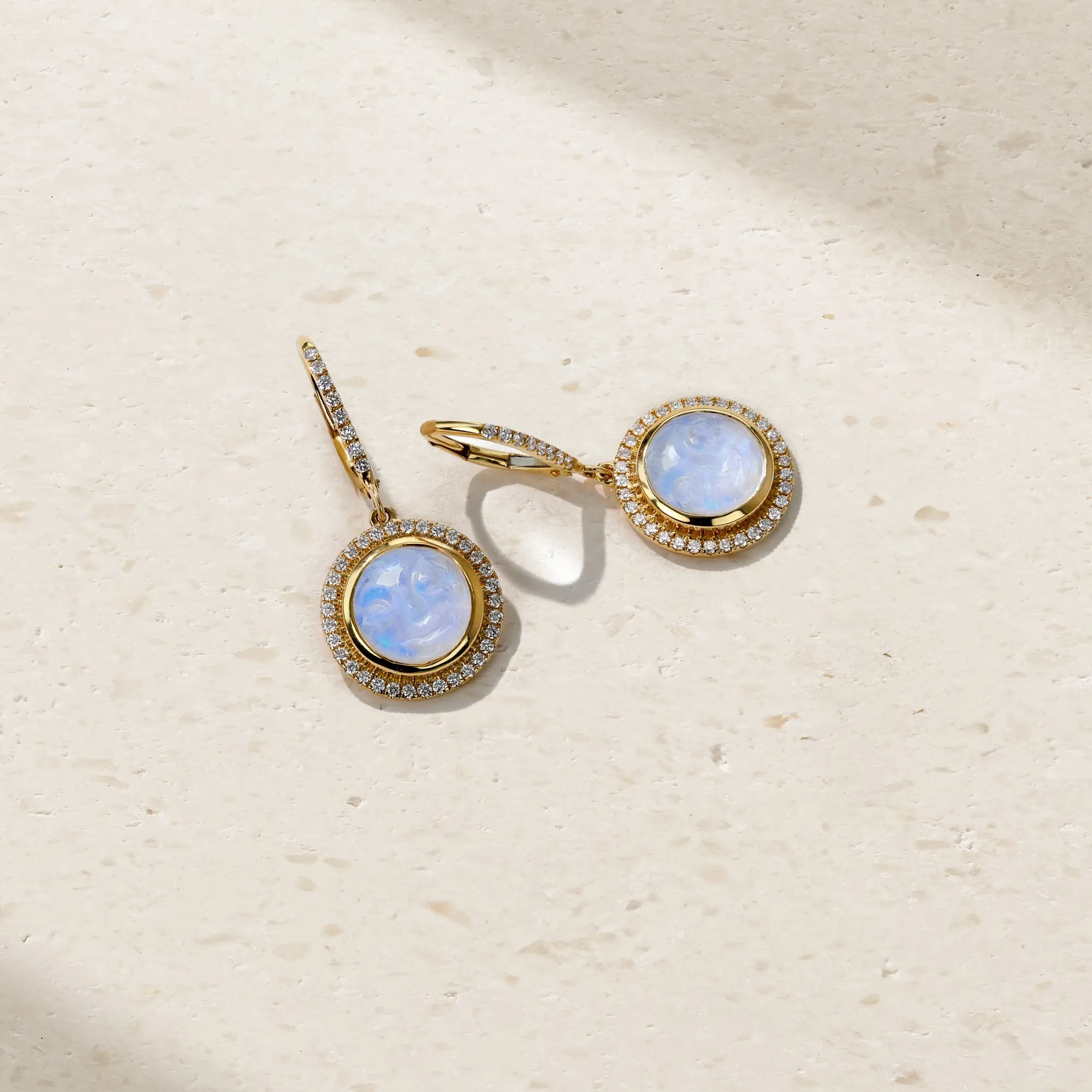 Happy Face Moonstone and Diamond Drop Earrings