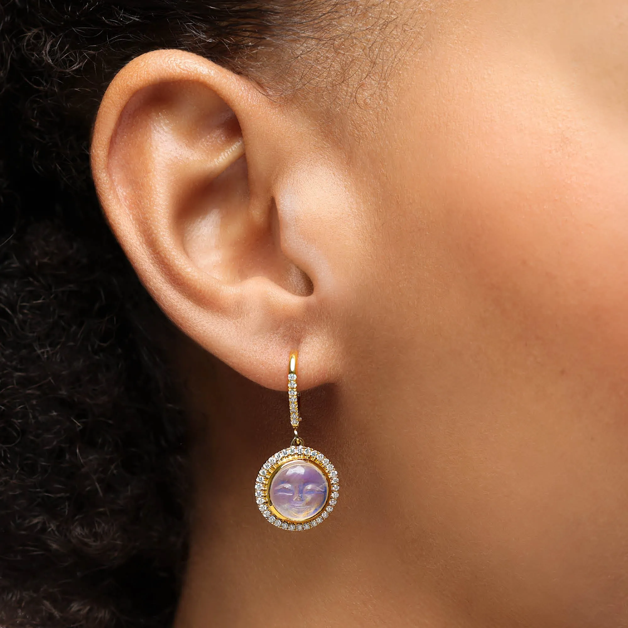 Happy Face Moonstone and Diamond Drop Earrings