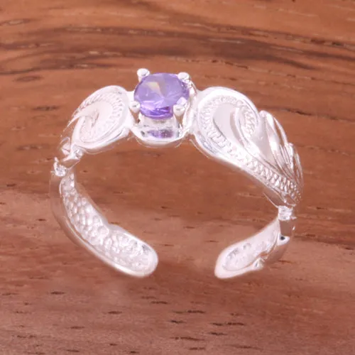 Hawaiian Scroll with Purple Round CZ Cut Out Edge Toe Ring