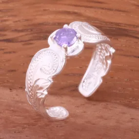 Hawaiian Scroll with Purple Round CZ Cut Out Edge Toe Ring