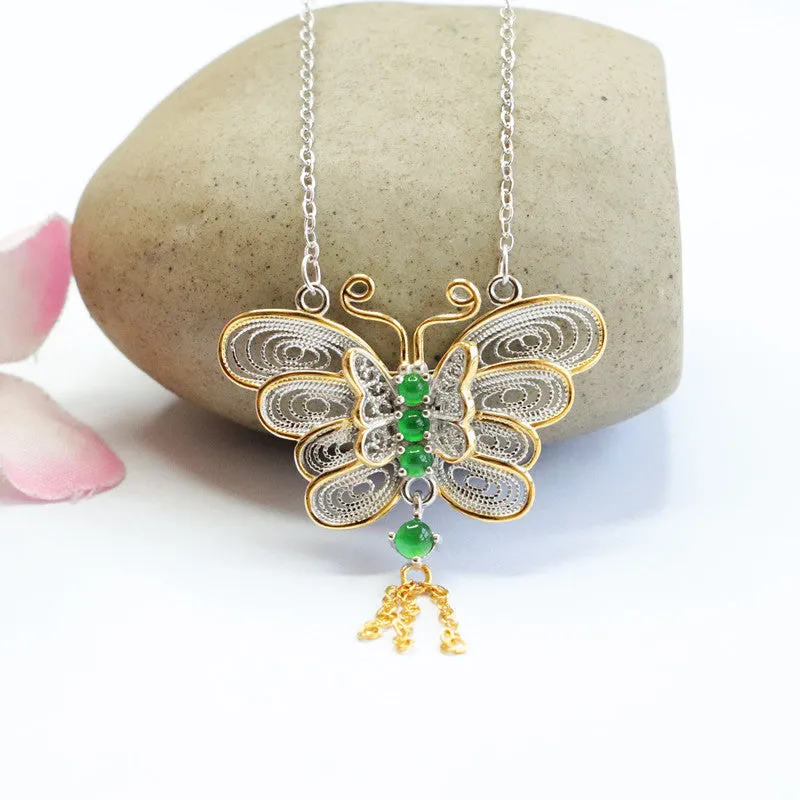 Icy Emperor Green Jade Butterfly Necklace with Gold Trim