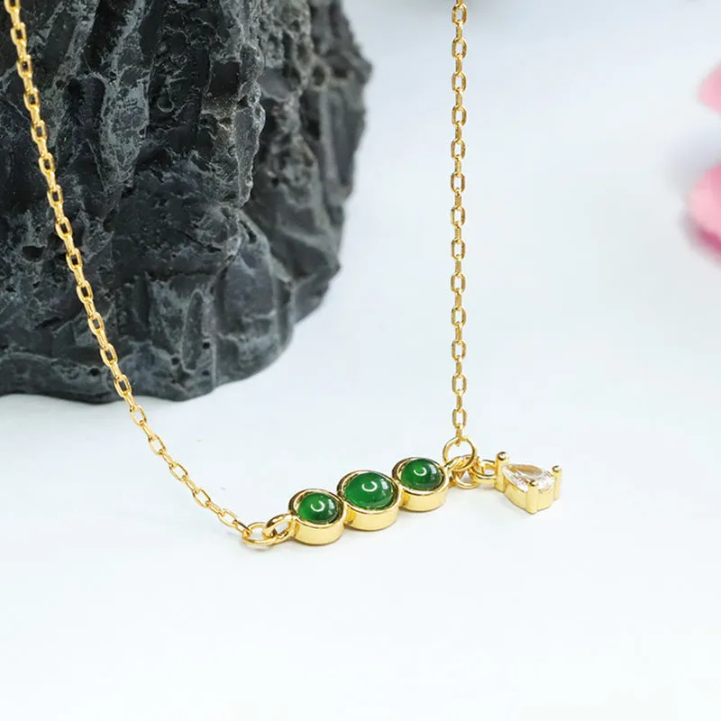 Imperial Green Jade Zircon Necklace with Sterling Silver Beads