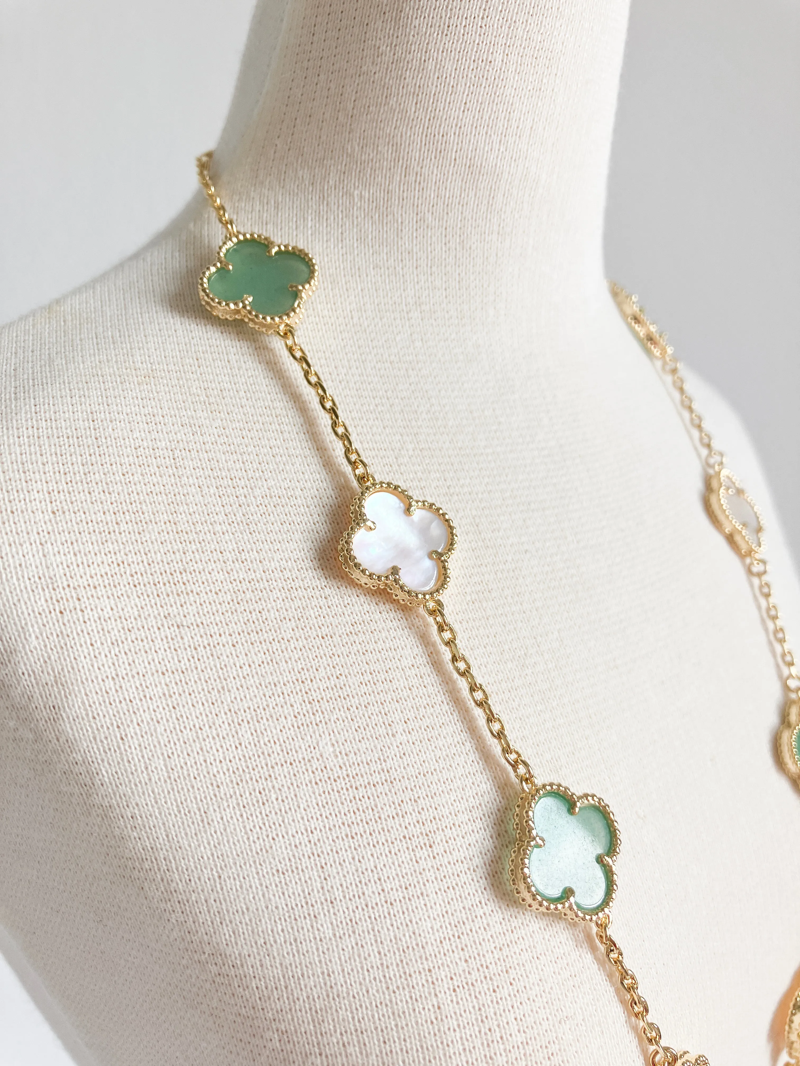 Jade and Mother of Pearl Quatrefoil Necklace in Gold
