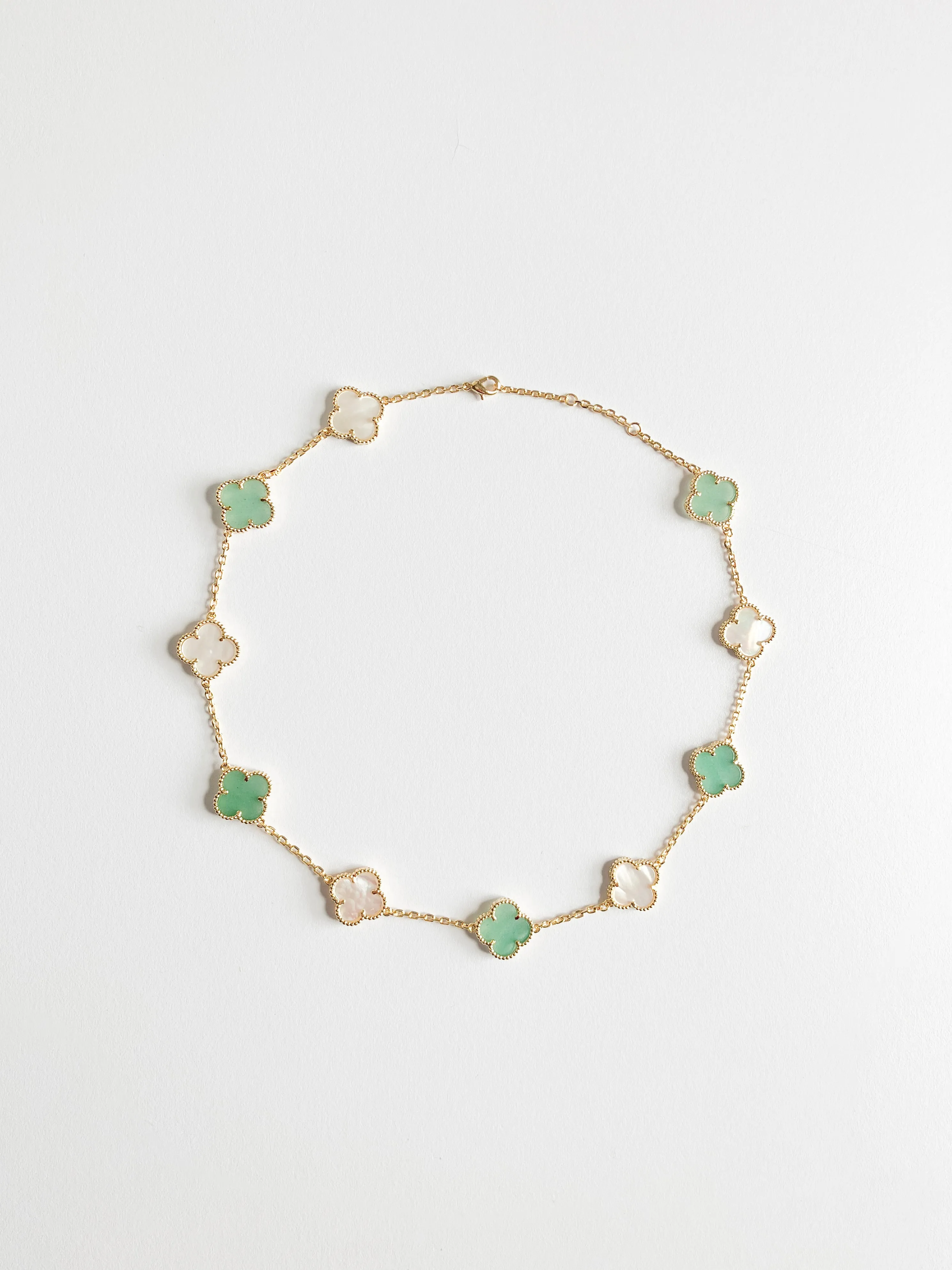 Jade and Mother of Pearl Quatrefoil Necklace in Gold
