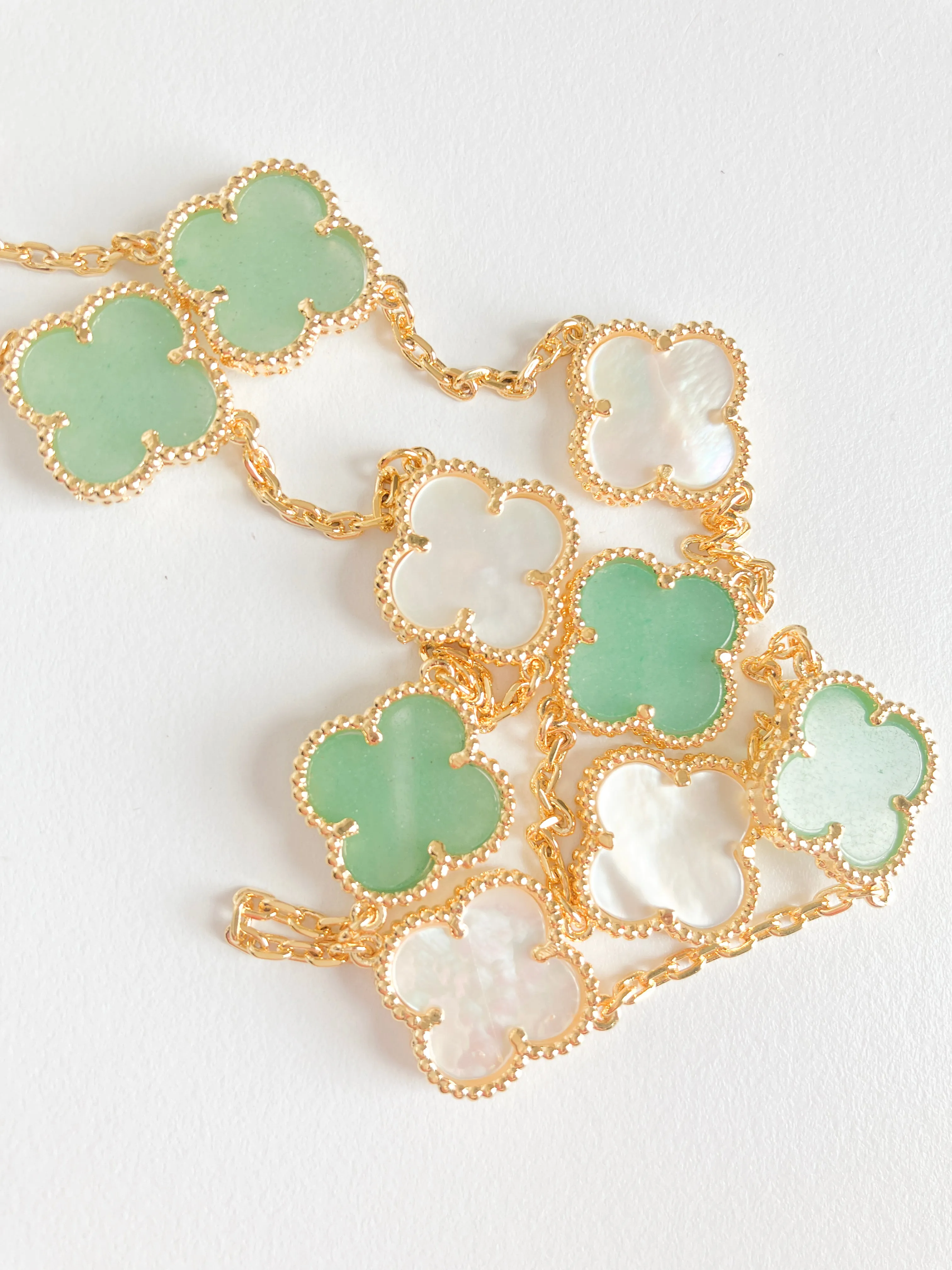 Jade and Mother of Pearl Quatrefoil Necklace in Gold