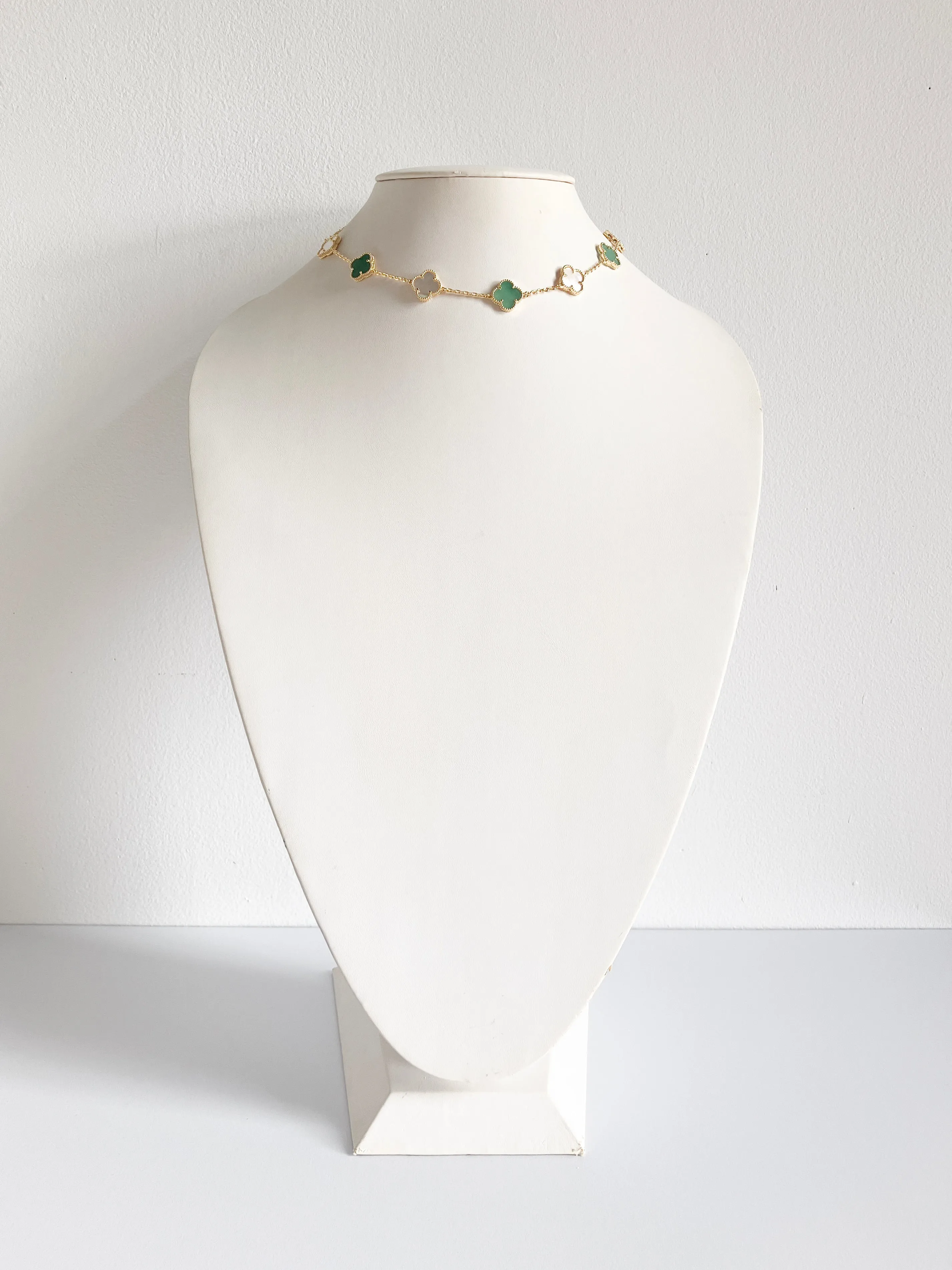 Jade and Mother of Pearl Quatrefoil Necklace in Gold