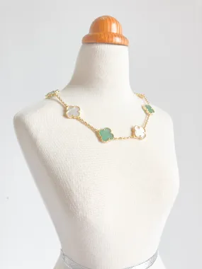 Jade and Mother of Pearl Quatrefoil Necklace in Gold