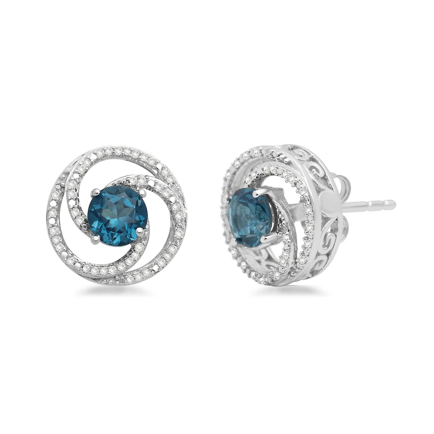 Jewelili Sterling Silver with 1/6 CTTW Natural White Diamonds and Coated Blue Topaz Swirl Stud Earrings