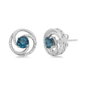 Jewelili Sterling Silver with 1/6 CTTW Natural White Diamonds and Coated Blue Topaz Swirl Stud Earrings