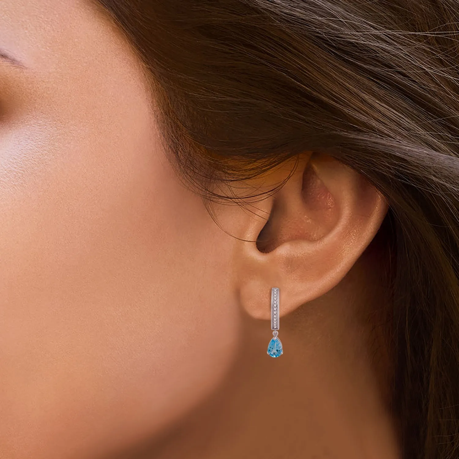 Jewelili Sterling Silver with Pear Swiss Blue Topaz and Round Created White Sapphire Hoop Earrings