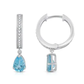 Jewelili Sterling Silver with Pear Swiss Blue Topaz and Round Created White Sapphire Hoop Earrings