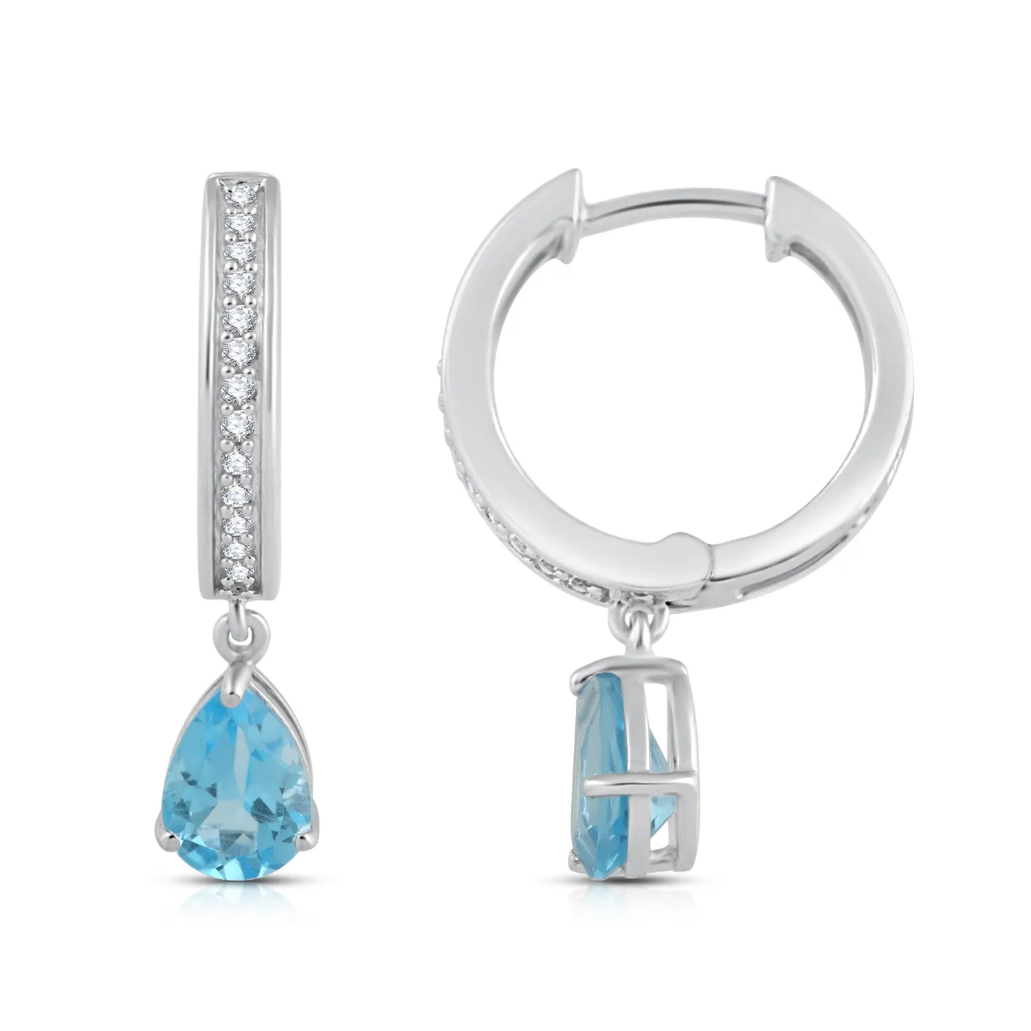 Jewelili Sterling Silver with Pear Swiss Blue Topaz and Round Created White Sapphire Hoop Earrings