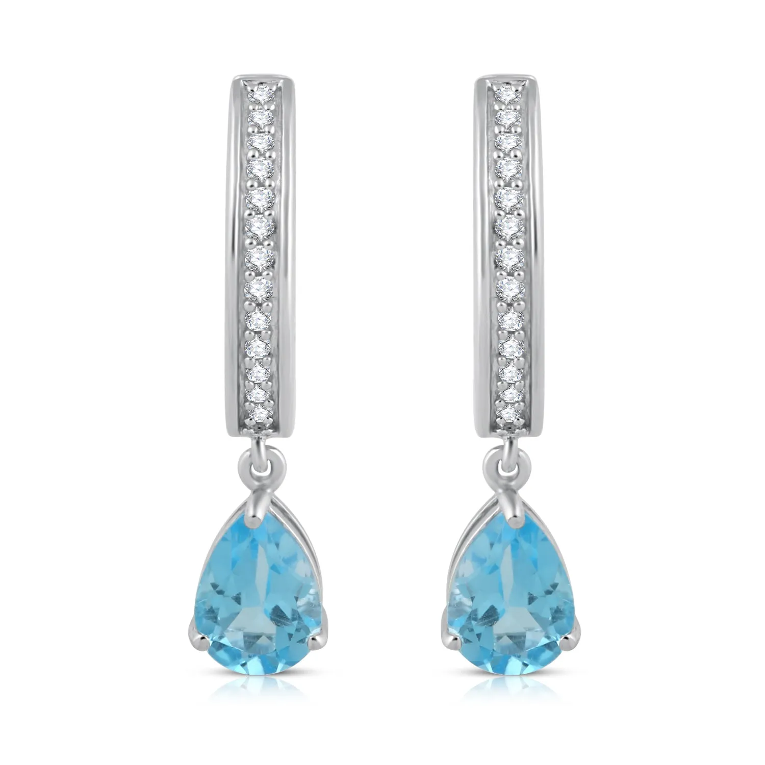 Jewelili Sterling Silver with Pear Swiss Blue Topaz and Round Created White Sapphire Hoop Earrings