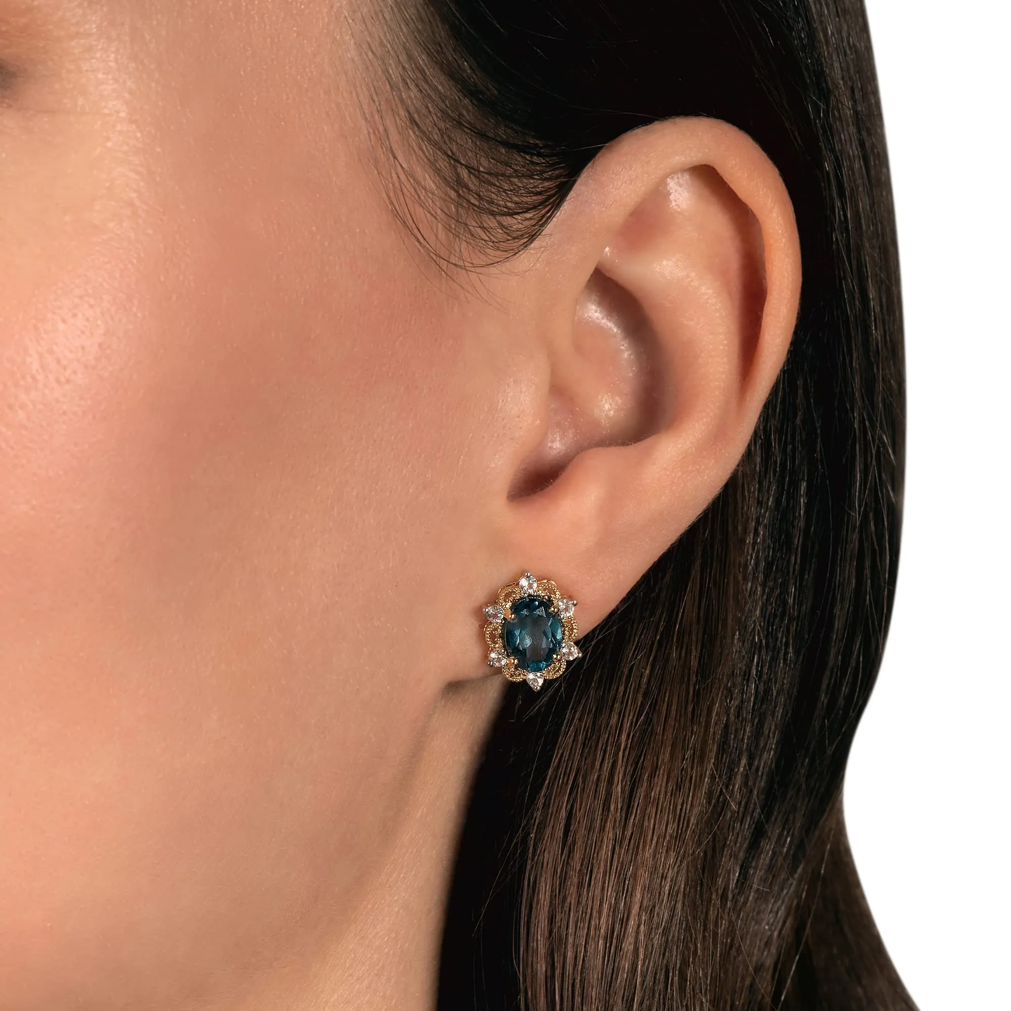 Jewelili Yellow Gold Over Sterling Silver With London Blue Topaz and White Topaz Stud Earrings