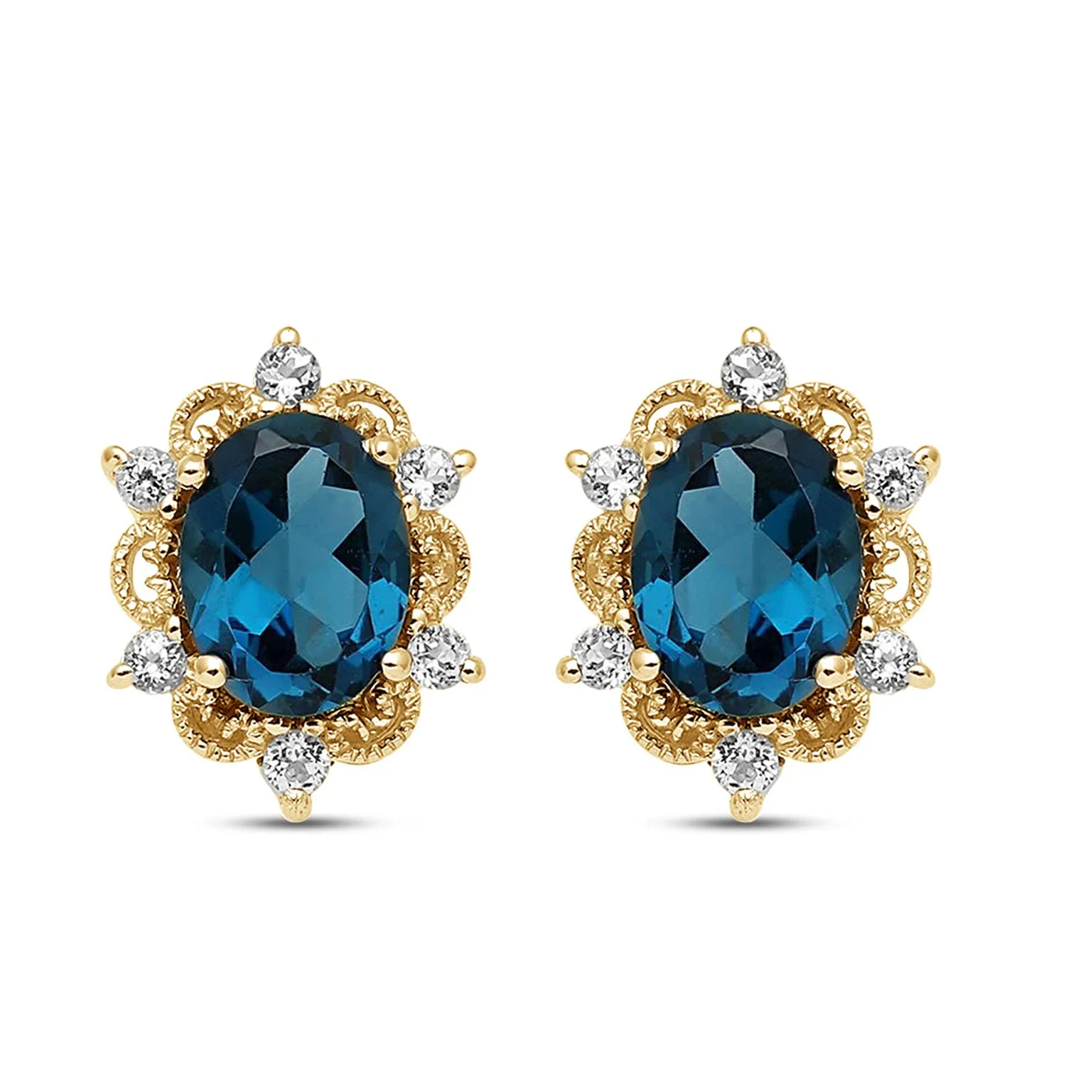 Jewelili Yellow Gold Over Sterling Silver With London Blue Topaz and White Topaz Stud Earrings