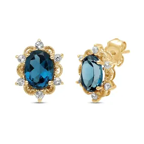 Jewelili Yellow Gold Over Sterling Silver With London Blue Topaz and White Topaz Stud Earrings