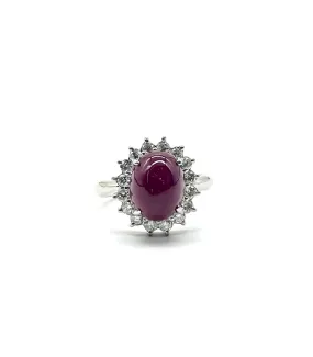 Large Cabachon Cut Ruby and Diamond Halo Ring