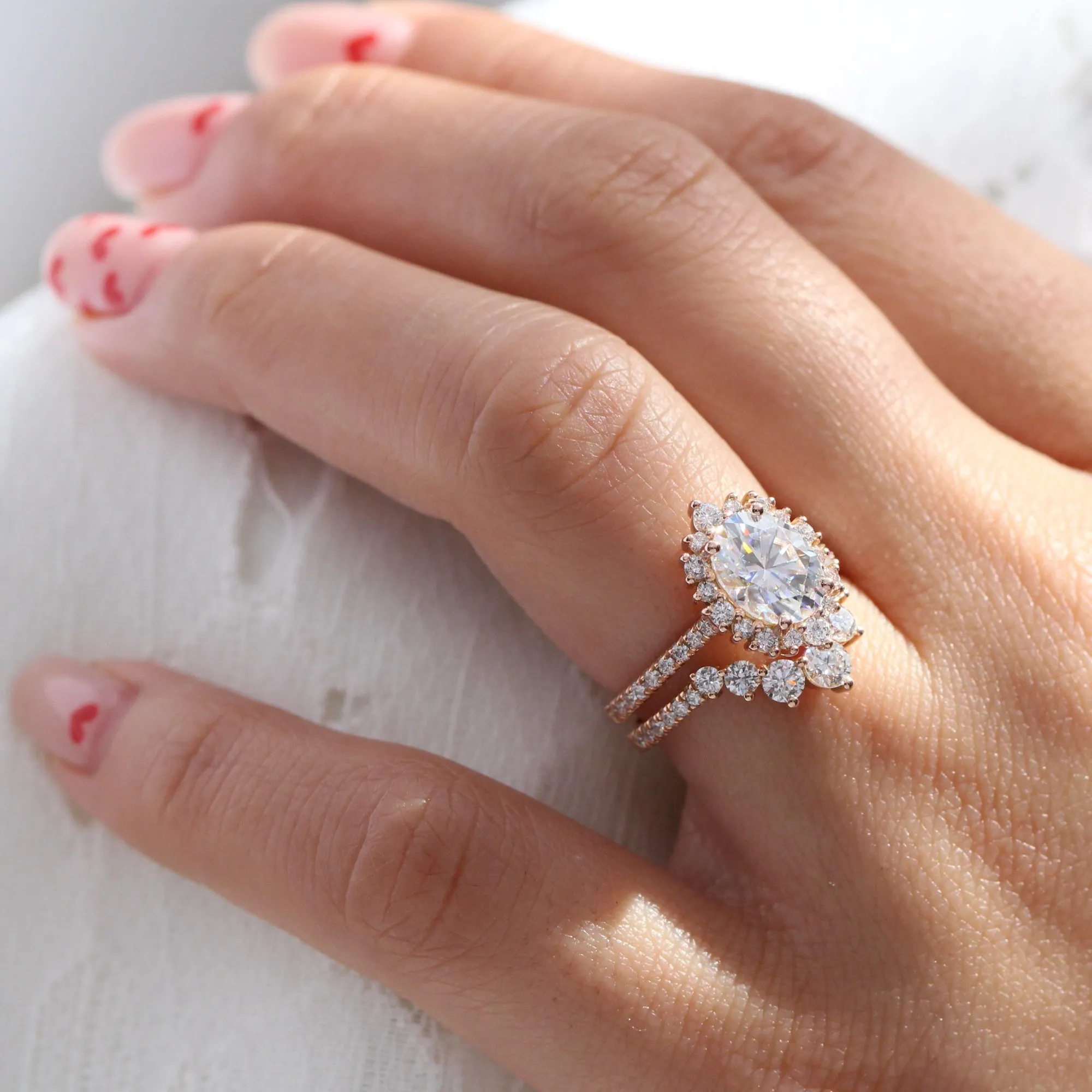 Large Tiara Halo Pave Ring Set w/ Oval Moissanite and Large 7 Diamond U Band