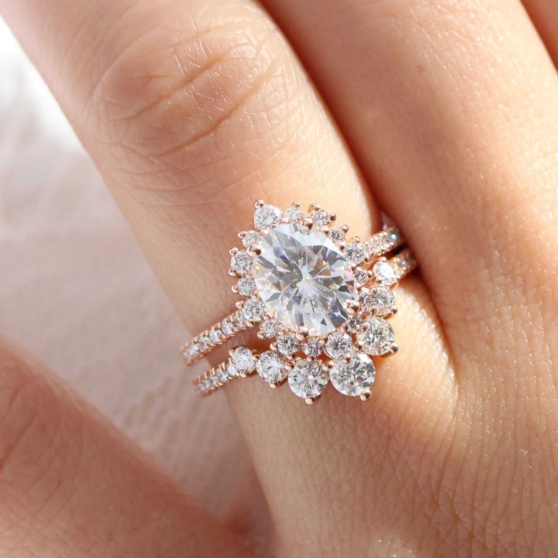 Large Tiara Halo Pave Ring Set w/ Oval Moissanite and Large 7 Diamond U Band