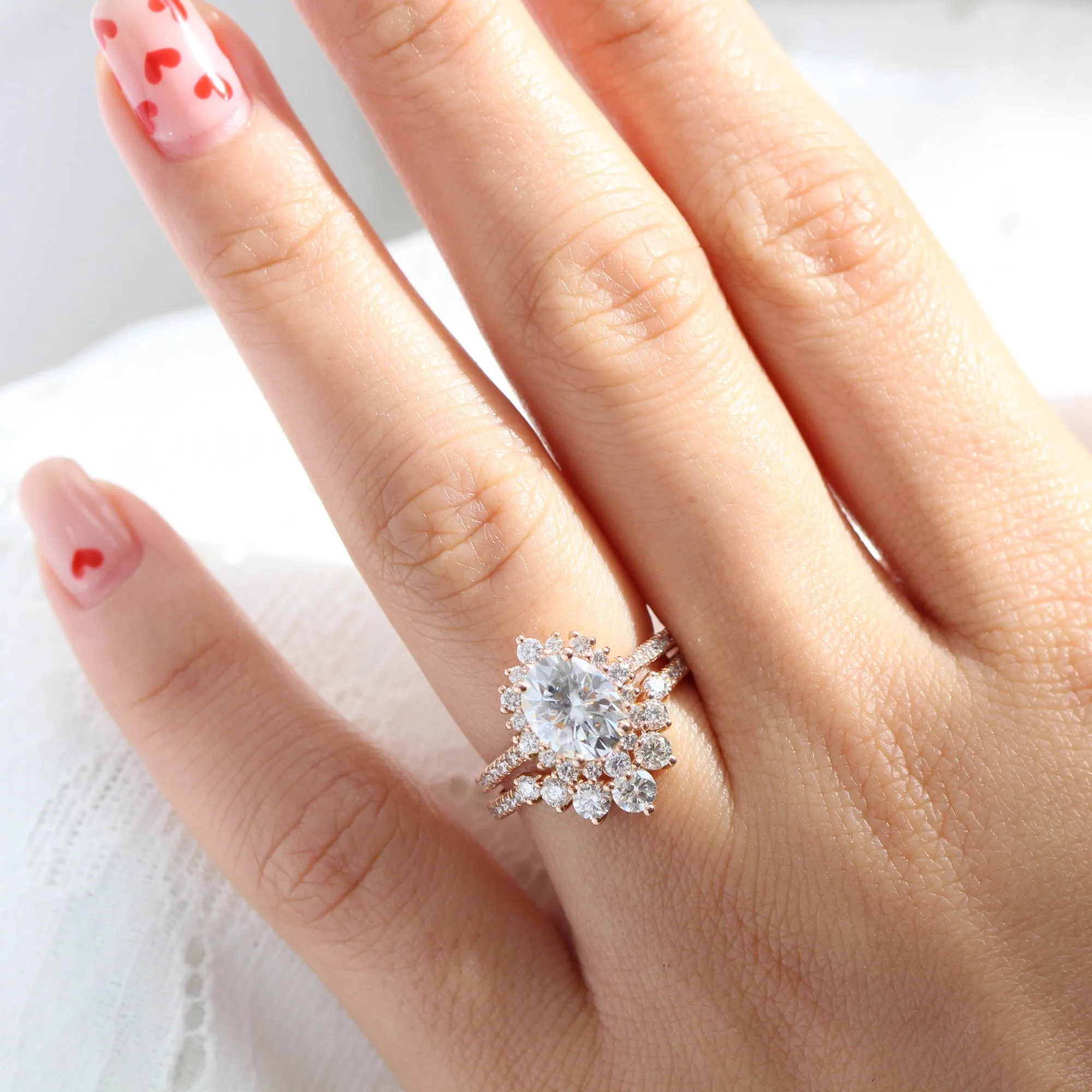 Large Tiara Halo Pave Ring Set w/ Oval Moissanite and Large 7 Diamond U Band