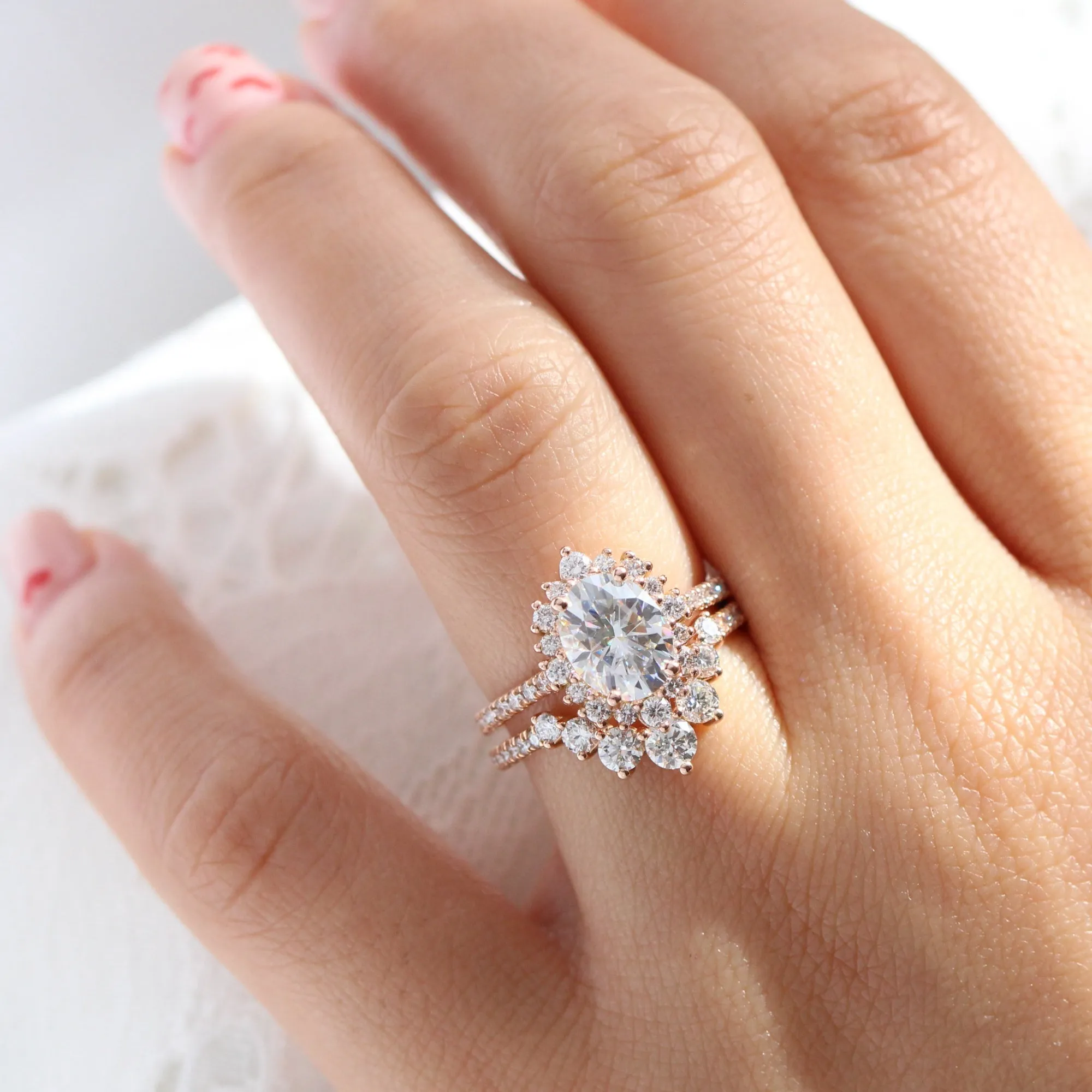 Large Tiara Halo Pave Ring Set w/ Oval Moissanite and Large 7 Diamond U Band
