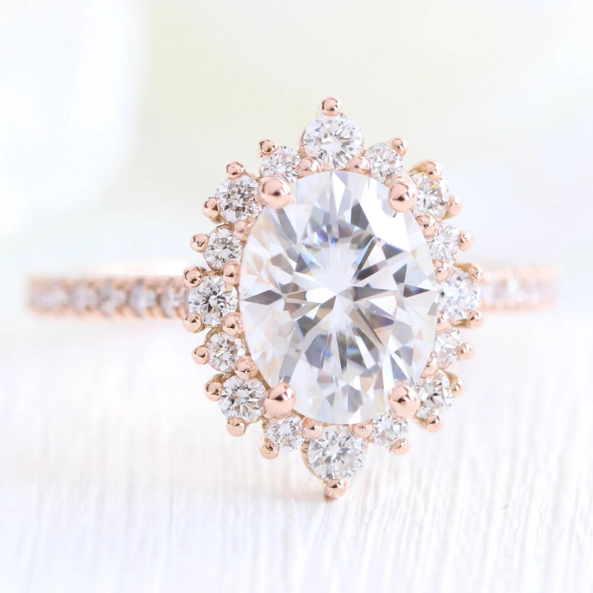 Large Tiara Halo Pave Ring Set w/ Oval Moissanite and Large 7 Diamond U Band