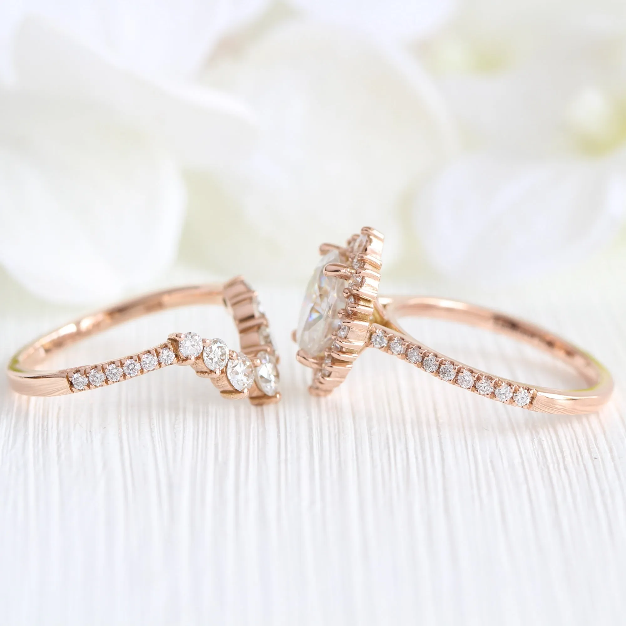 Large Tiara Halo Pave Ring Set w/ Oval Moissanite and Large 7 Diamond U Band