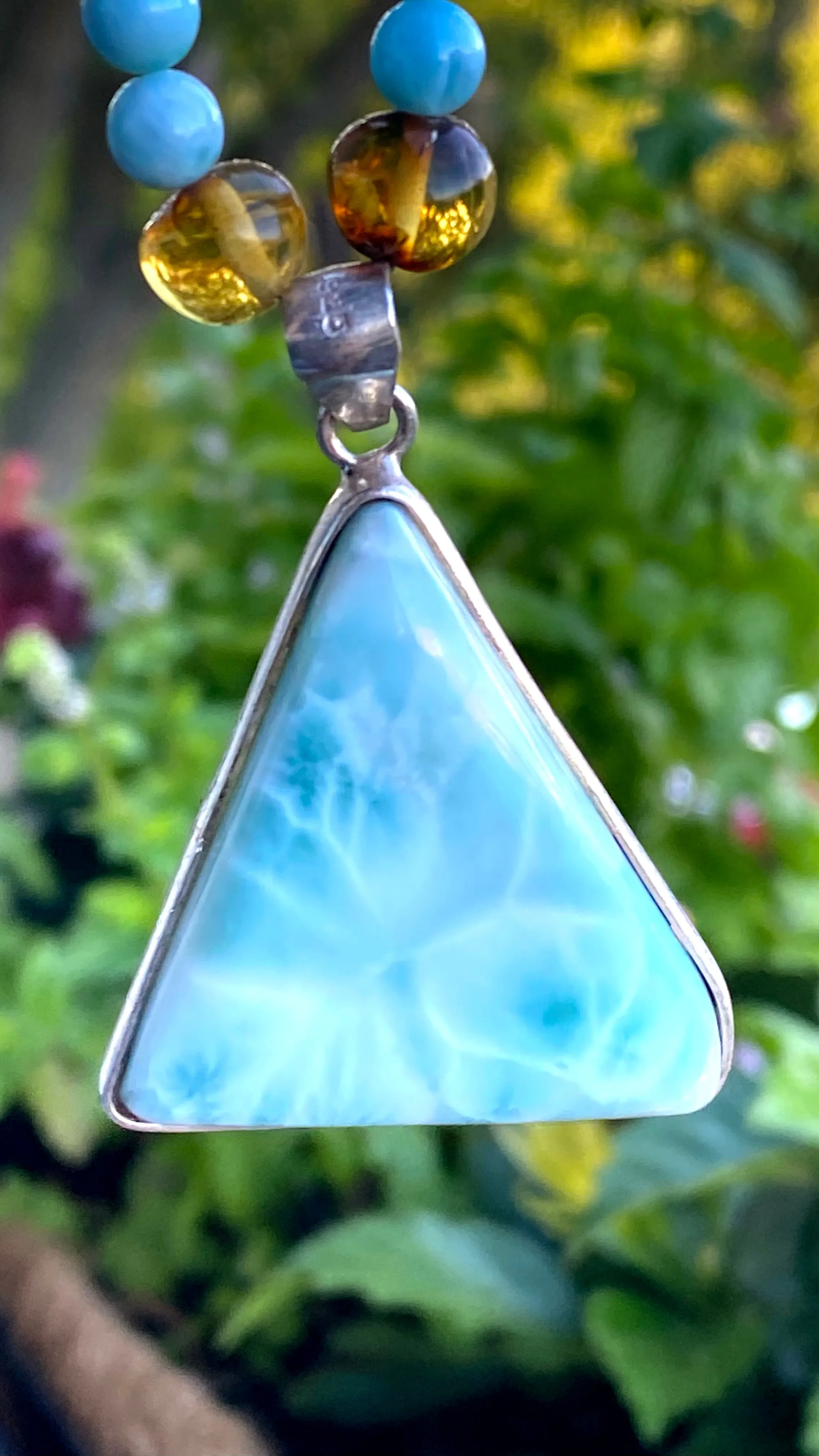 Larimar   Amber Unisex Necklace - round bead   triangle