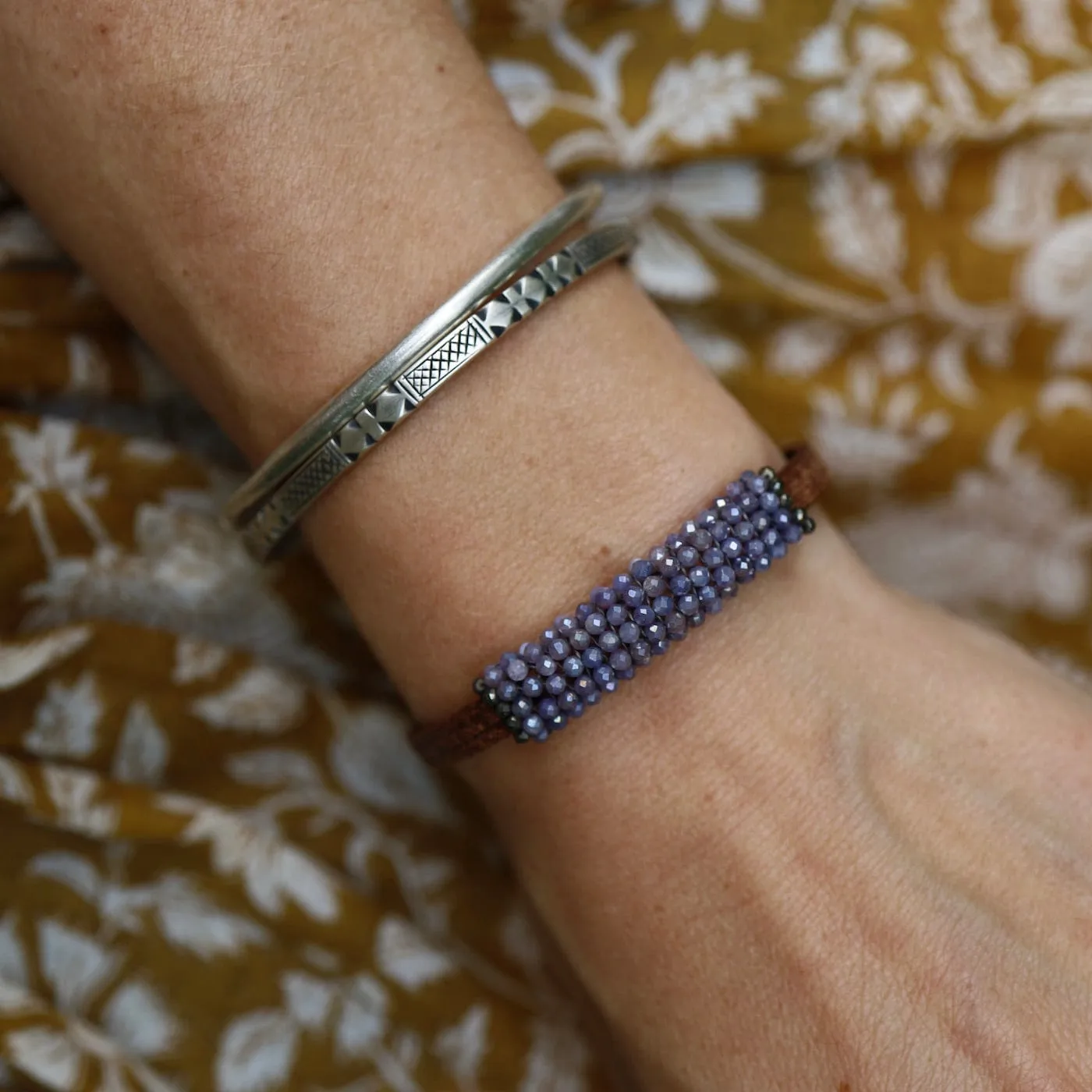 Lavender Coated Moonstones Leather Bracelet