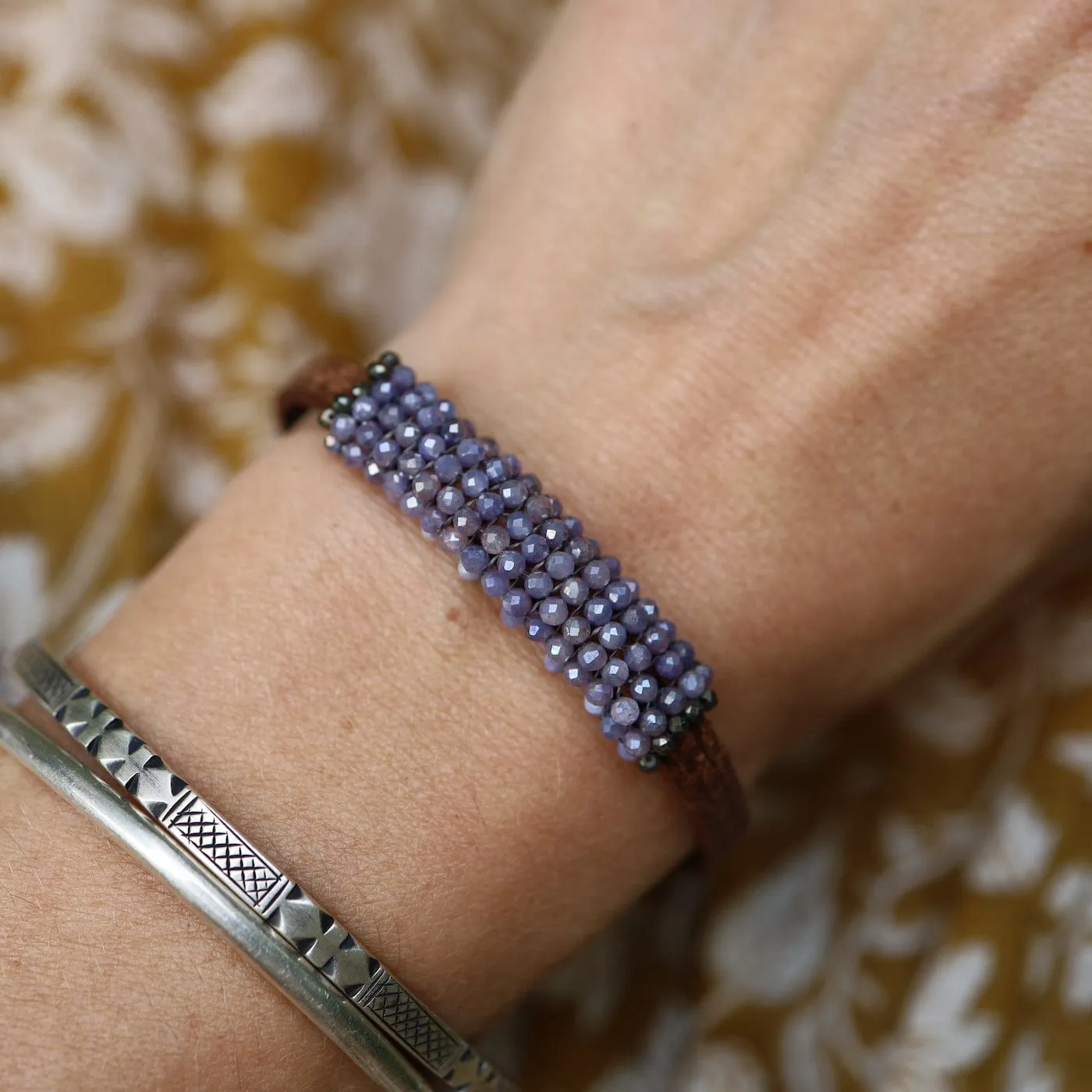 Lavender Coated Moonstones Leather Bracelet