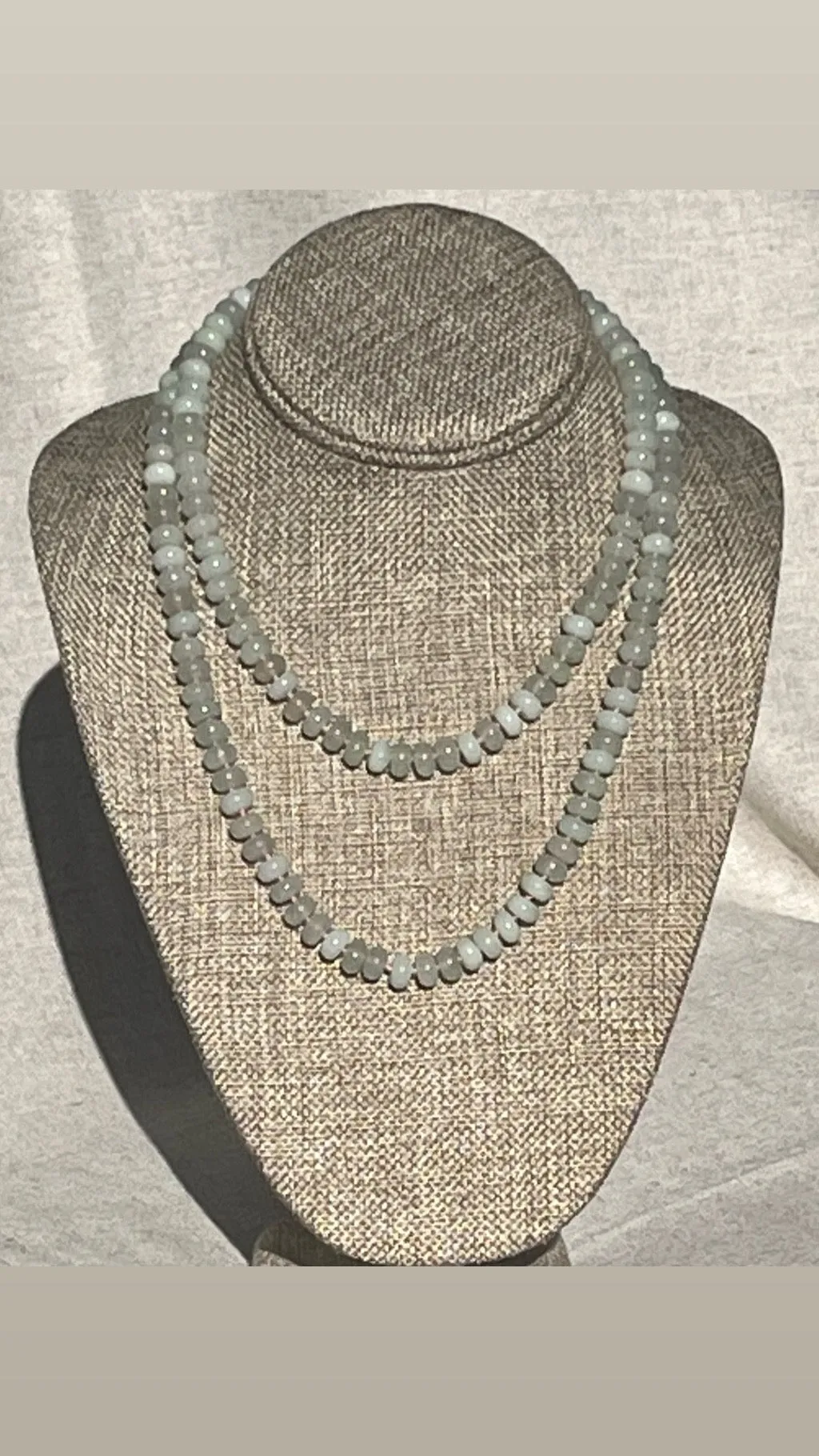 Light jade green necklace hand knotted baby pink silk with 14K yellow gold clasp