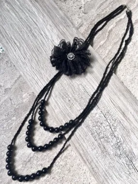 LONG BEADED PEARL CORSAGE MULTI-LAYER NECKLACE - BLACK