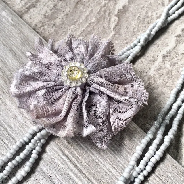 LONG BEADED PEARL CORSAGE MULTI-LAYER NECKLACE - SILVER GREY