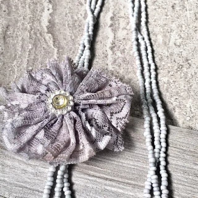 LONG BEADED PEARL CORSAGE MULTI-LAYER NECKLACE - SILVER GREY