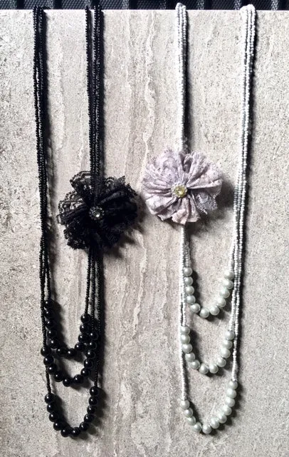 LONG BEADED PEARL CORSAGE MULTI-LAYER NECKLACE - SILVER GREY