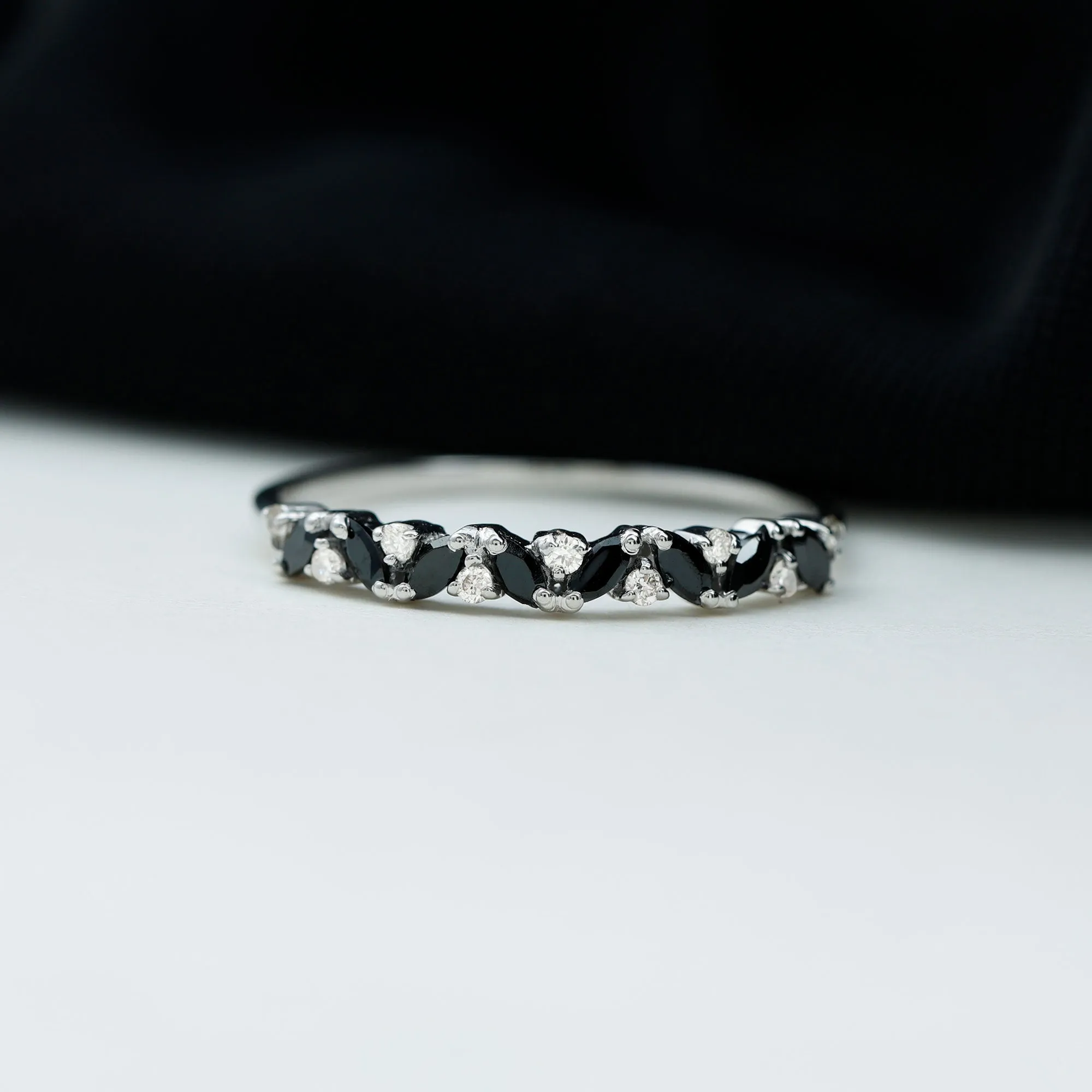 Marquise Created Black Diamond and Diamond Half Eternity Ring