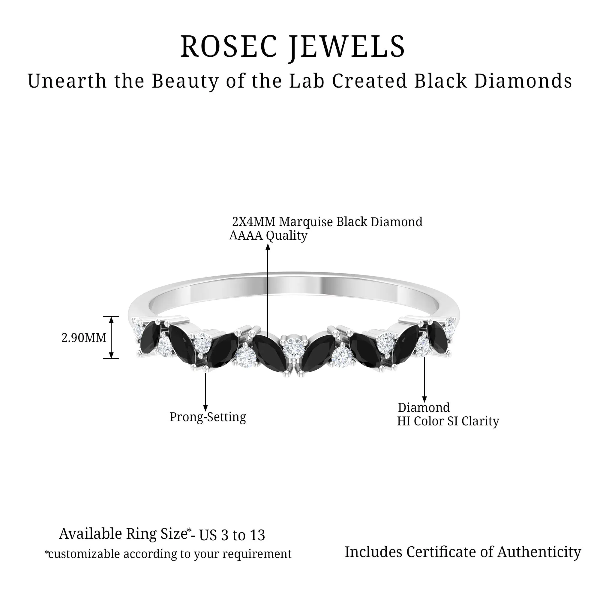 Marquise Created Black Diamond and Diamond Half Eternity Ring