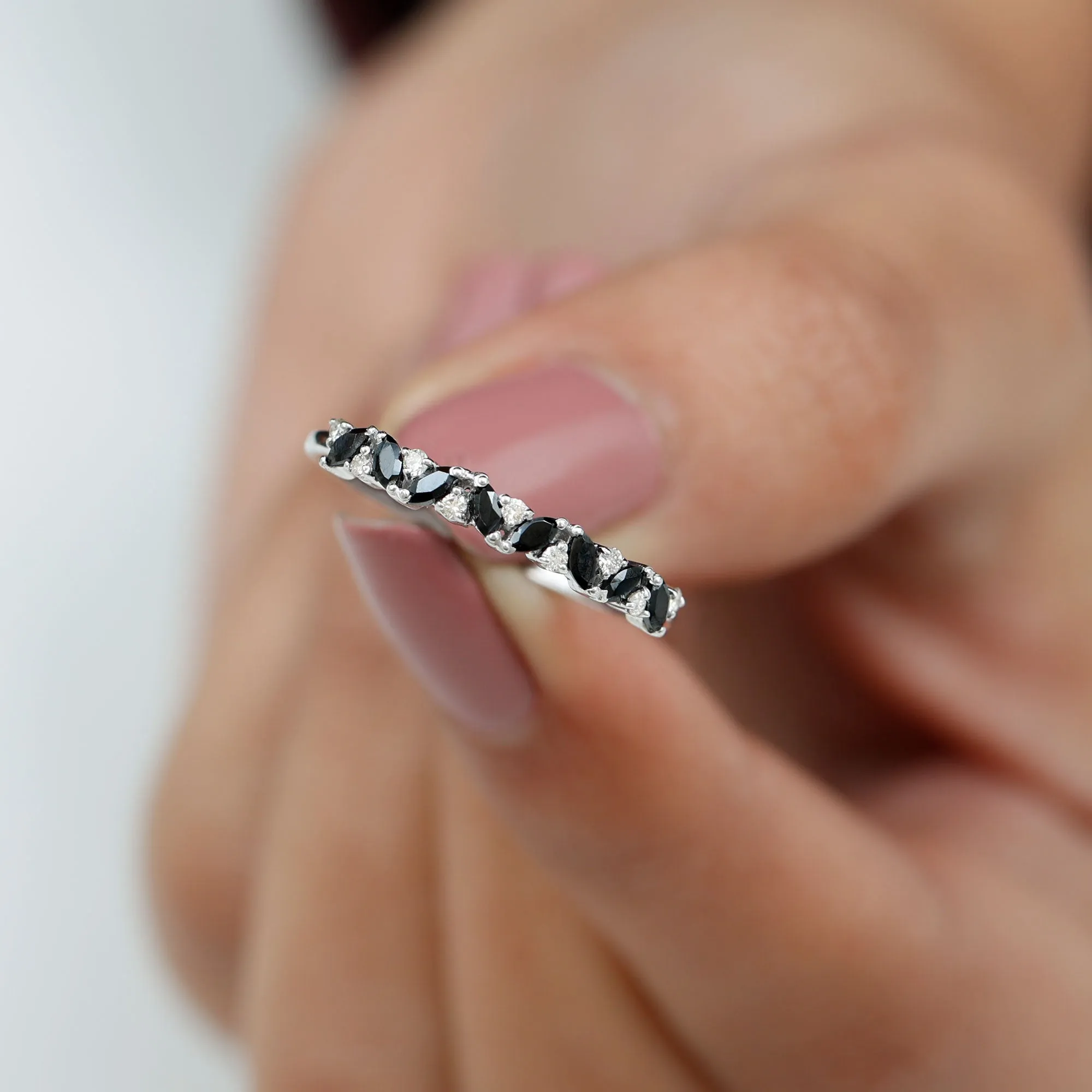 Marquise Created Black Diamond and Diamond Half Eternity Ring