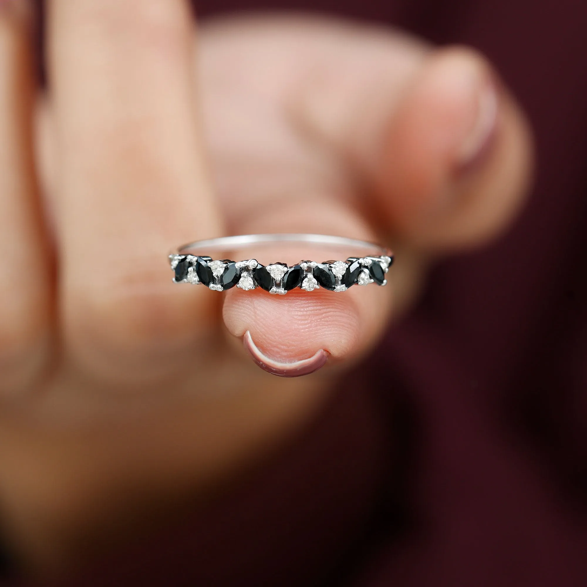 Marquise Created Black Diamond and Diamond Half Eternity Ring
