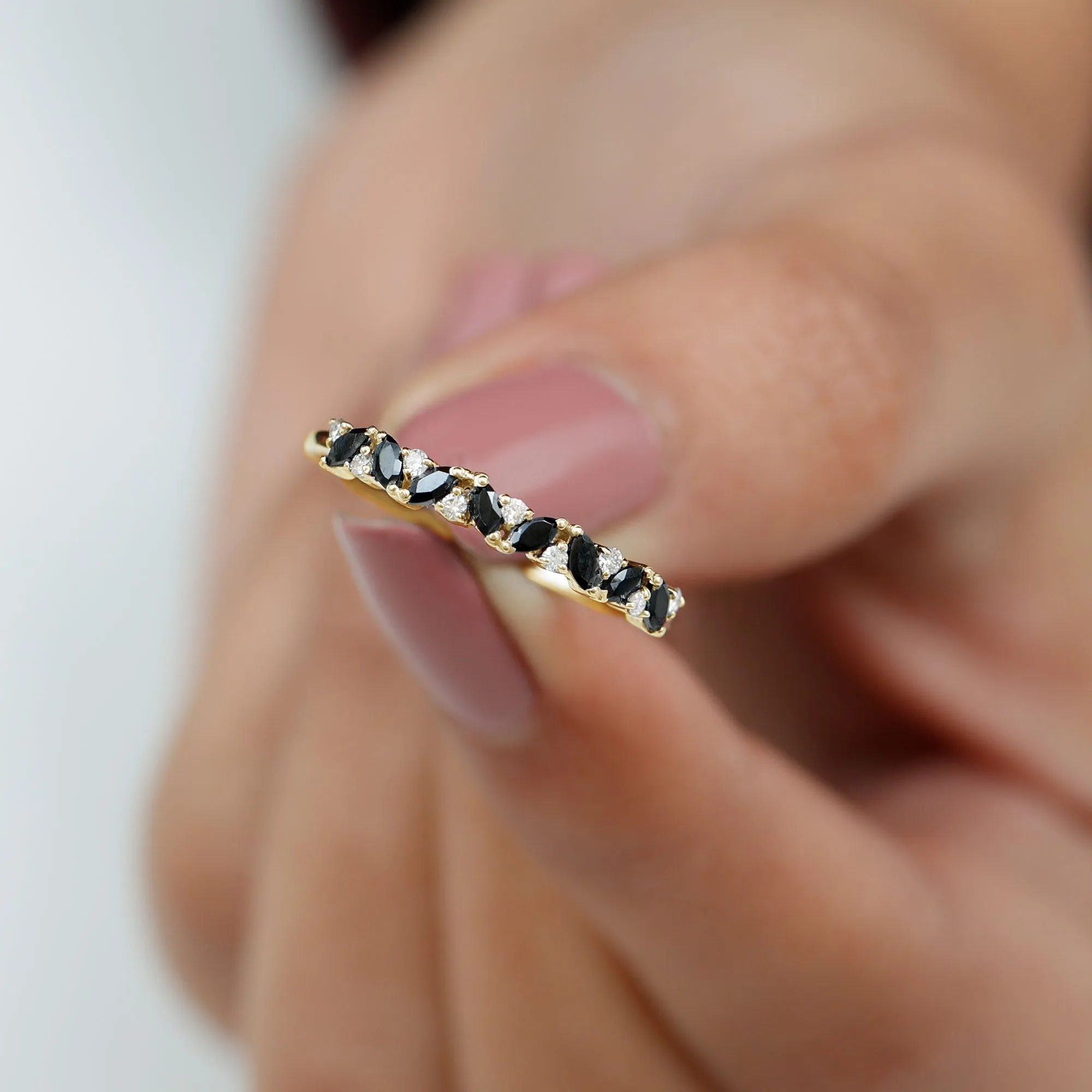 Marquise Created Black Diamond and Diamond Half Eternity Ring
