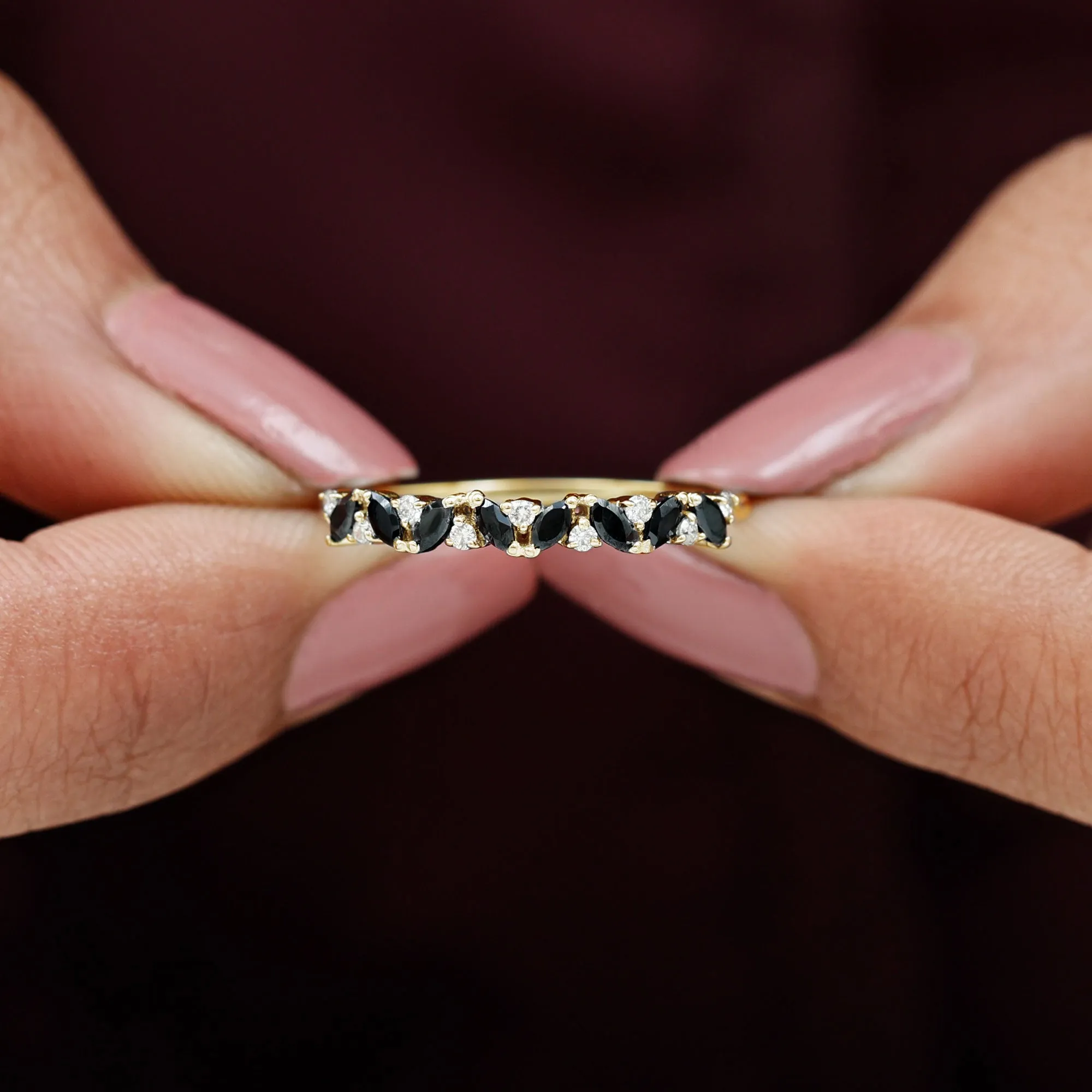 Marquise Created Black Diamond and Diamond Half Eternity Ring