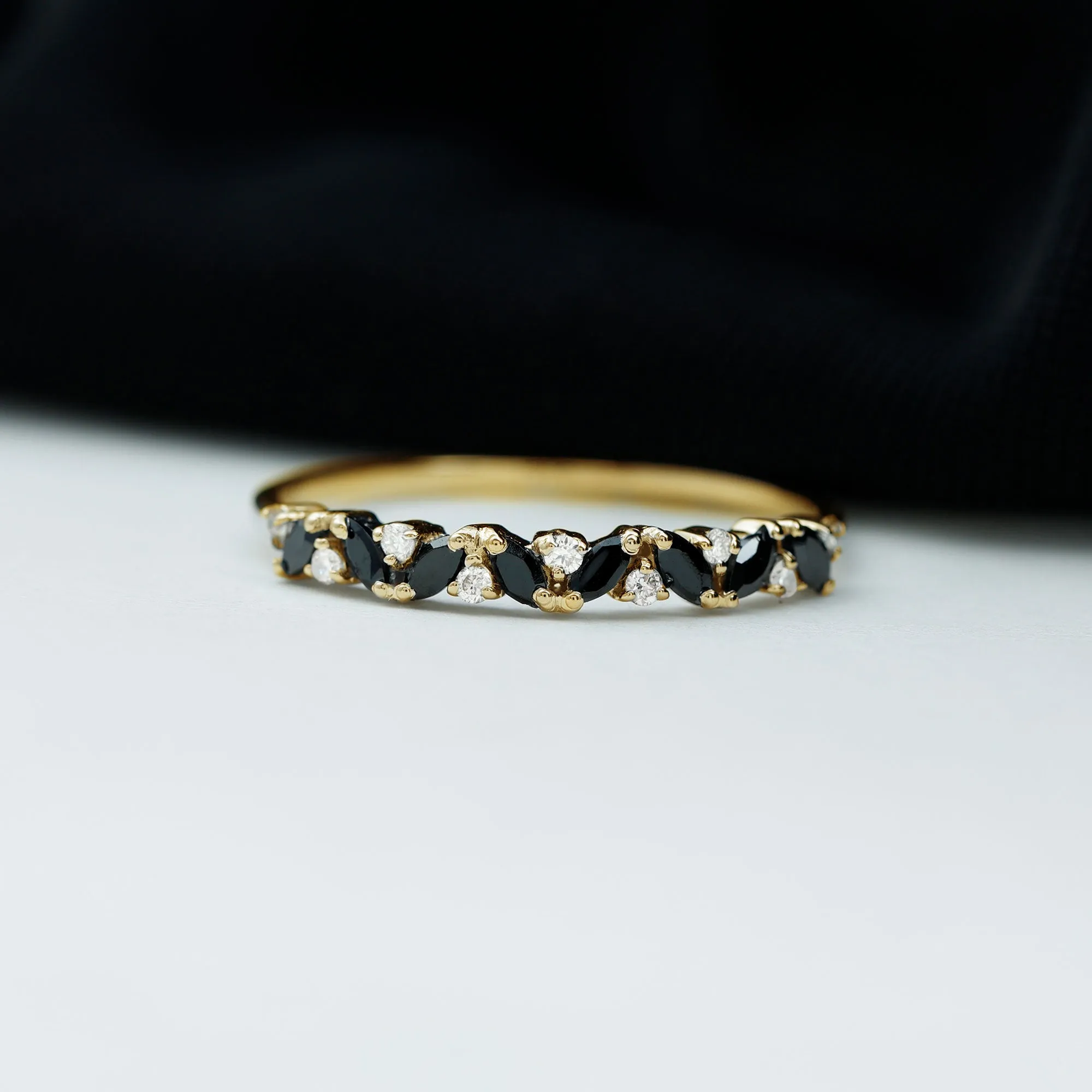 Marquise Created Black Diamond and Diamond Half Eternity Ring
