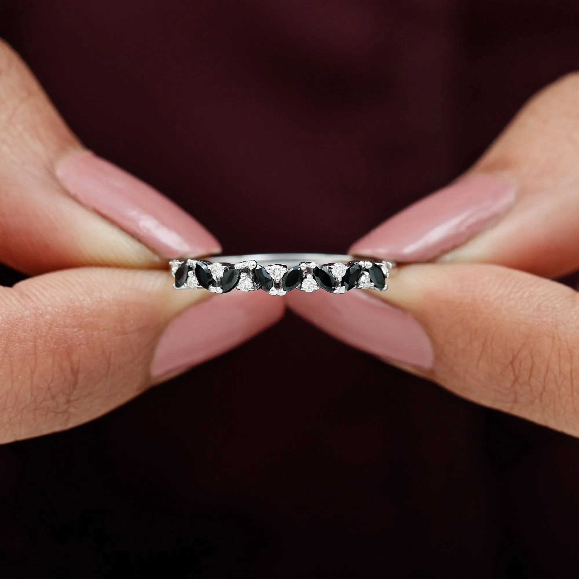 Marquise Created Black Diamond and Diamond Half Eternity Ring