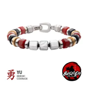 Men's 8mm Mokume Gane, Red Agate and Onyx Beads Bushido Virtue Bracelet, 8.50"