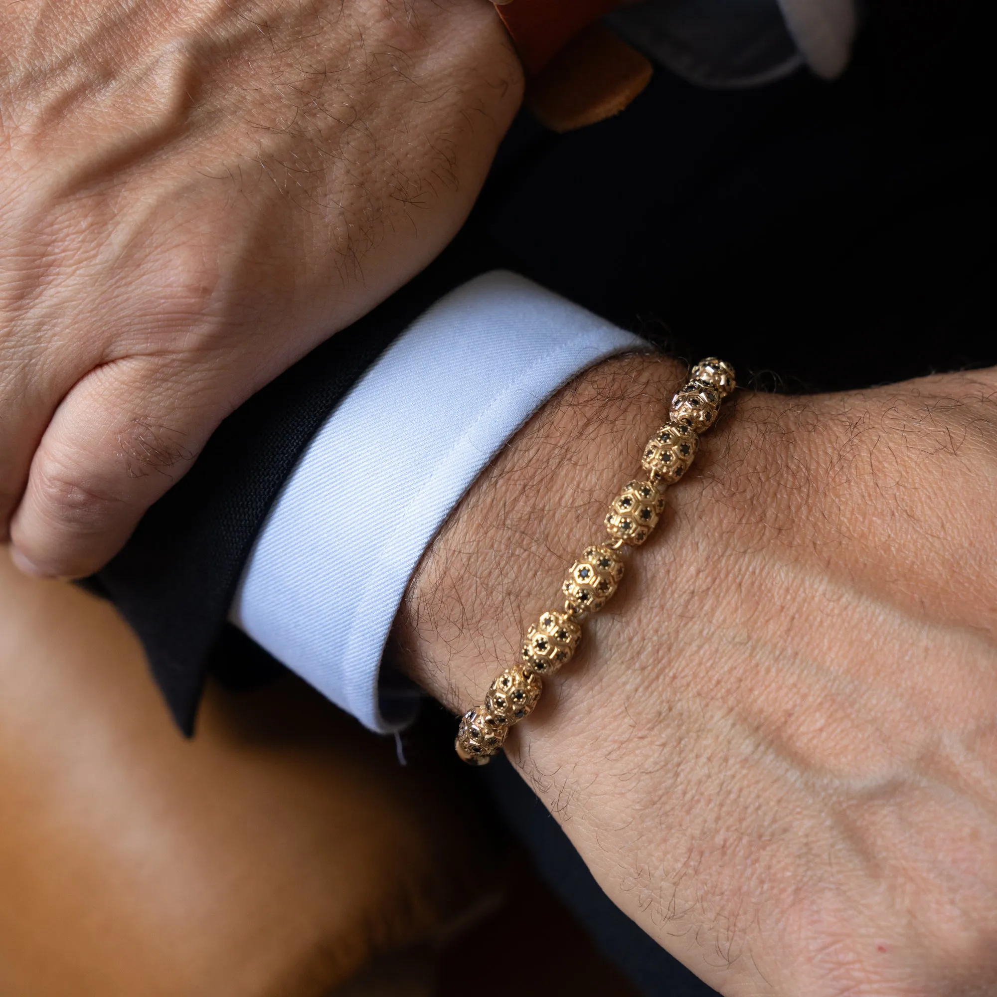 Men's Black Diamond Beaded Honeycomb Bracelet In Gold