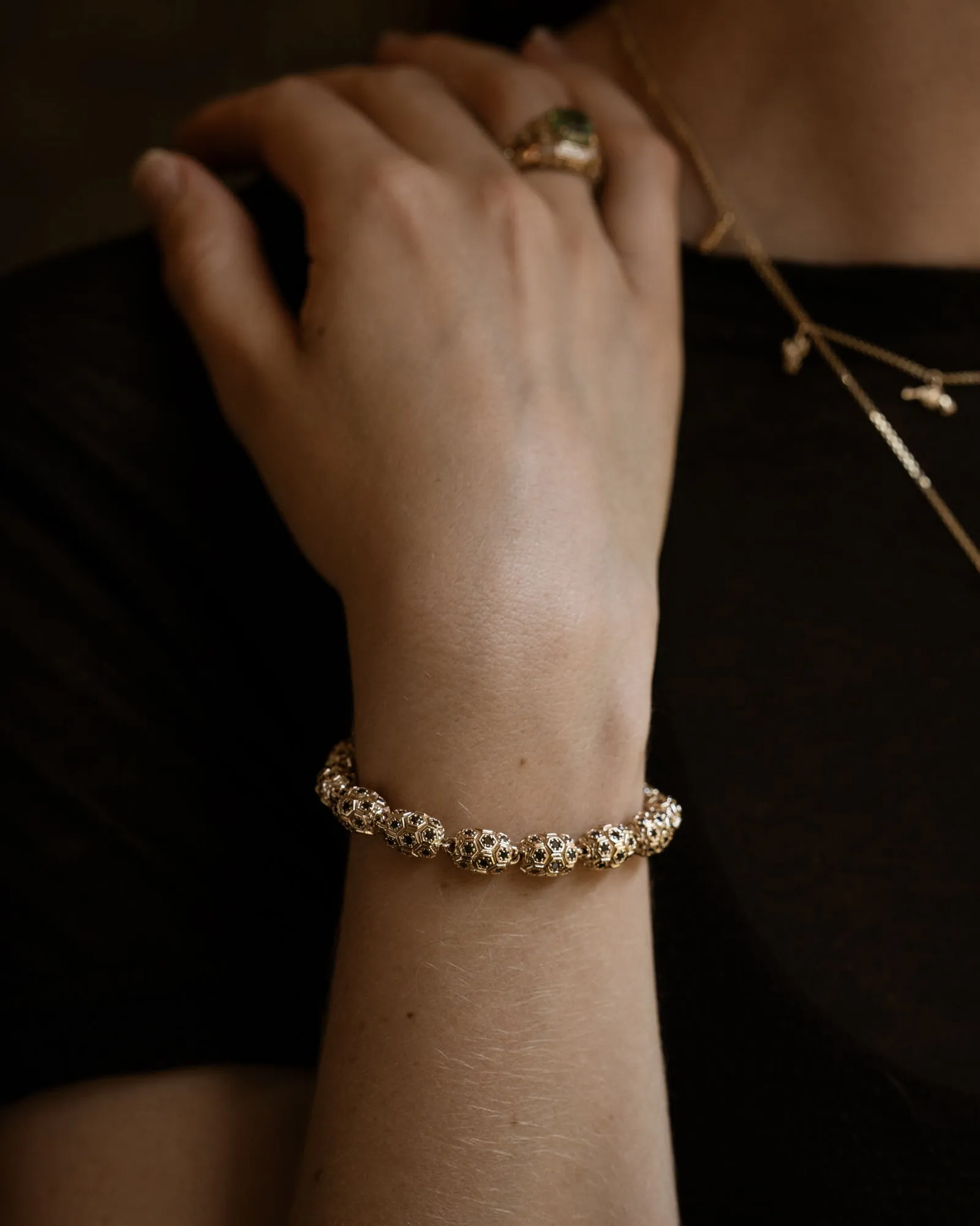 Men's Black Diamond Beaded Honeycomb Bracelet In Gold