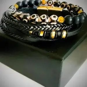 Men's " Bulls Eye" Dzi Agate Bracelet set