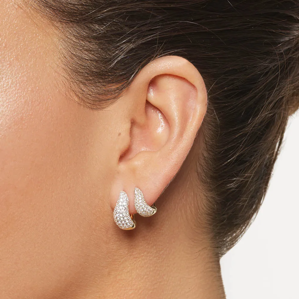 Mini White Topaz Pave Wave Dome Huggies in Gold