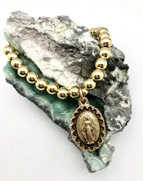 Miraculous Medal Virgin Mary Protection Gold Bead Elastic Bracelet